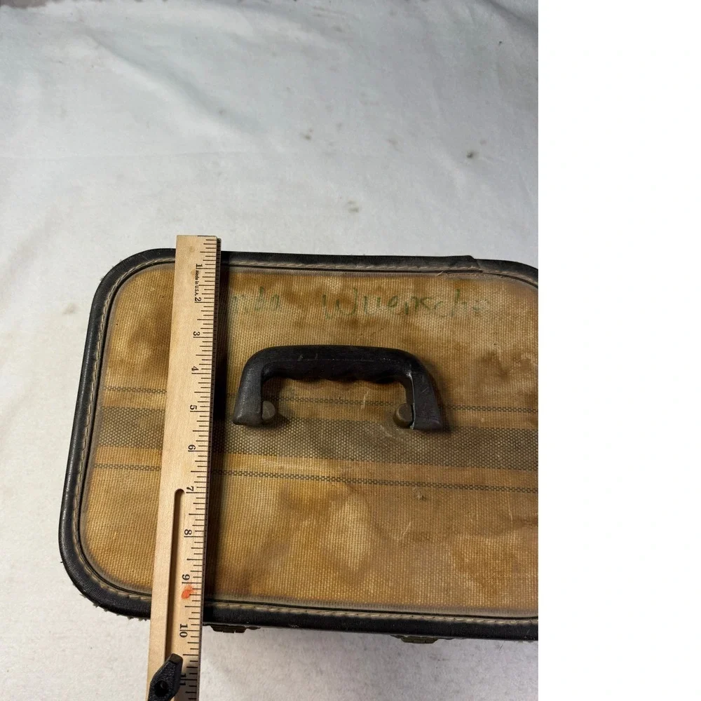Vintage 1940s Canvas Train Case Overnight Cosmetic Vanity Suitcase Luggage Tan